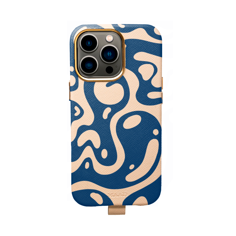 MAAD Full Wrapped Liquid Blue iPhone 13 Pro case made of vegan saffiano leather with gold pleated edges, showcasing its sleek design and personalization options.