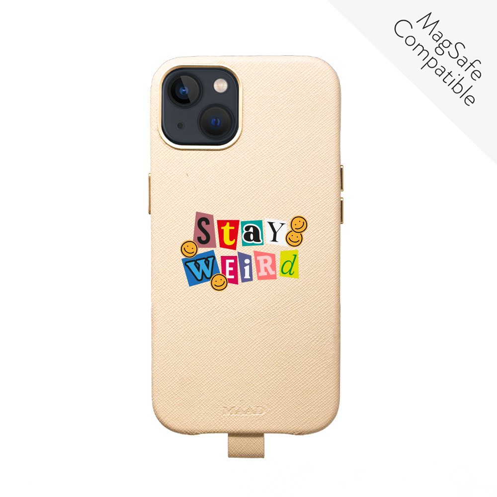 MAAD Full Wrapped Stay Weird iPhone 13 case in vegan saffiano leather with gold pleated edges, showcasing personalization options.