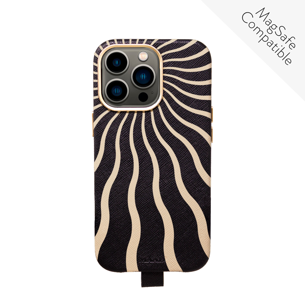 MAAD Full Wrapped Sun Rays iPhone 13 Pro case in vegan saffiano leather with gold pleated edges, showcasing its sleek design and customization options.