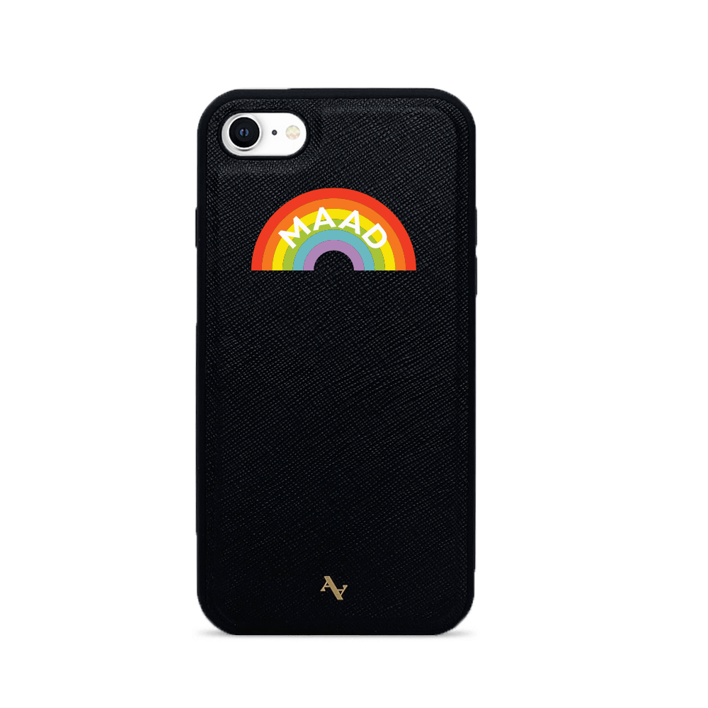 MAAD Fun Black iPhone 7/8/SE Case made of genuine saffiano leather with a soft rubber rim, showcasing personalization options.