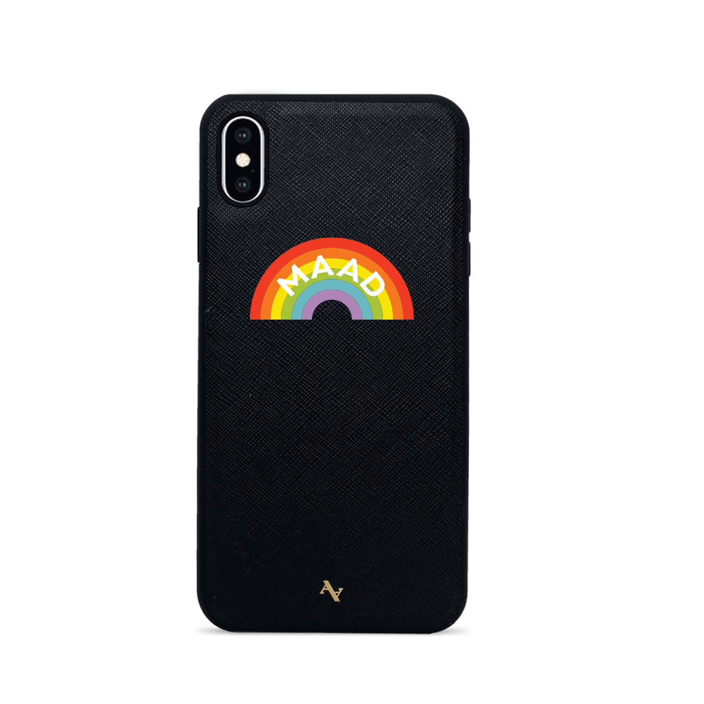 MAAD Fun Black iPhone XS MAX Case made of genuine saffiano leather with a soft rubber rim, showcasing personalization options.