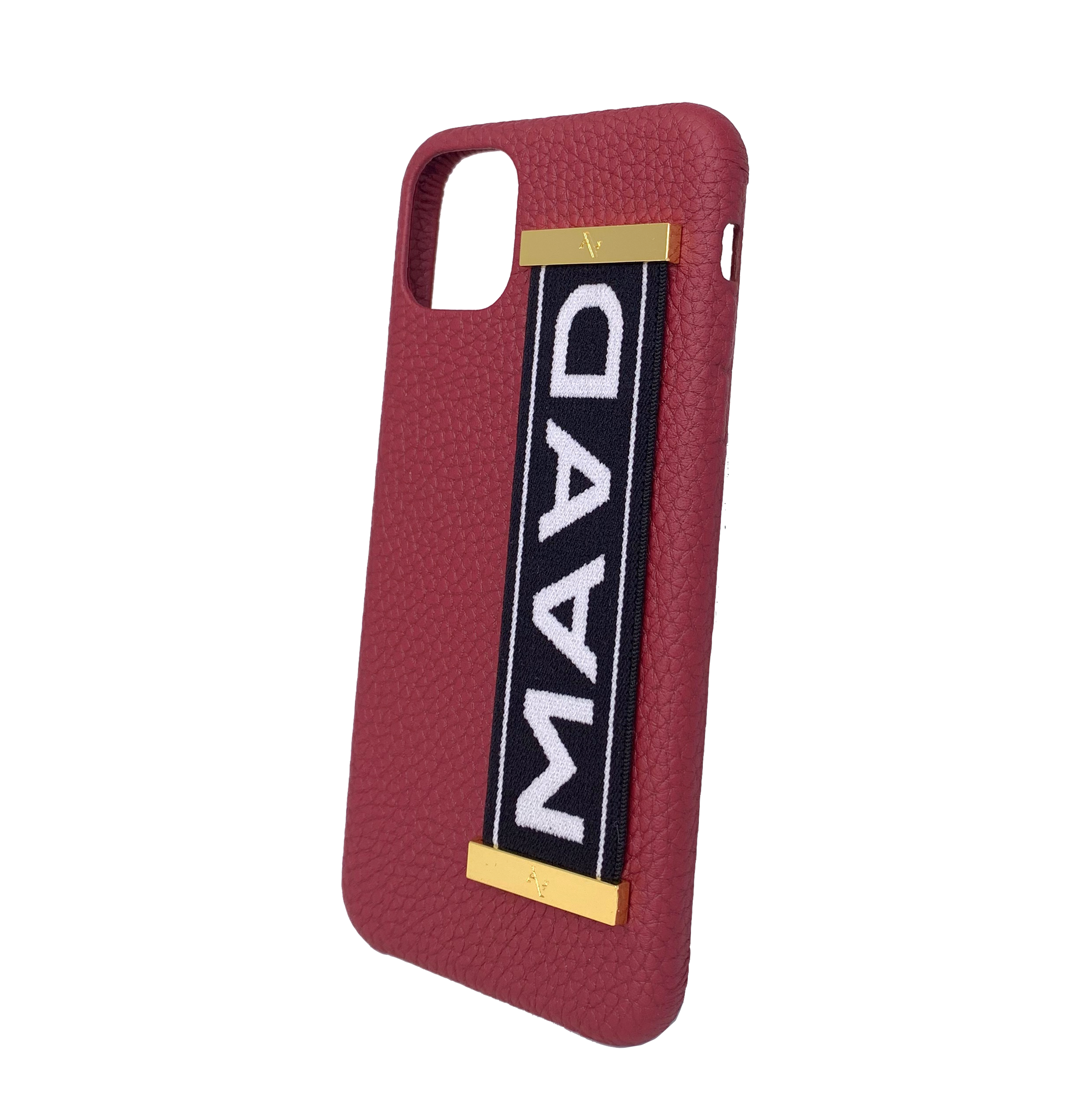 MAAD LVR Red iPhone 11 Pro Max Case made of genuine pebble leather with an elastic strap, showcasing a stylish red and black design.