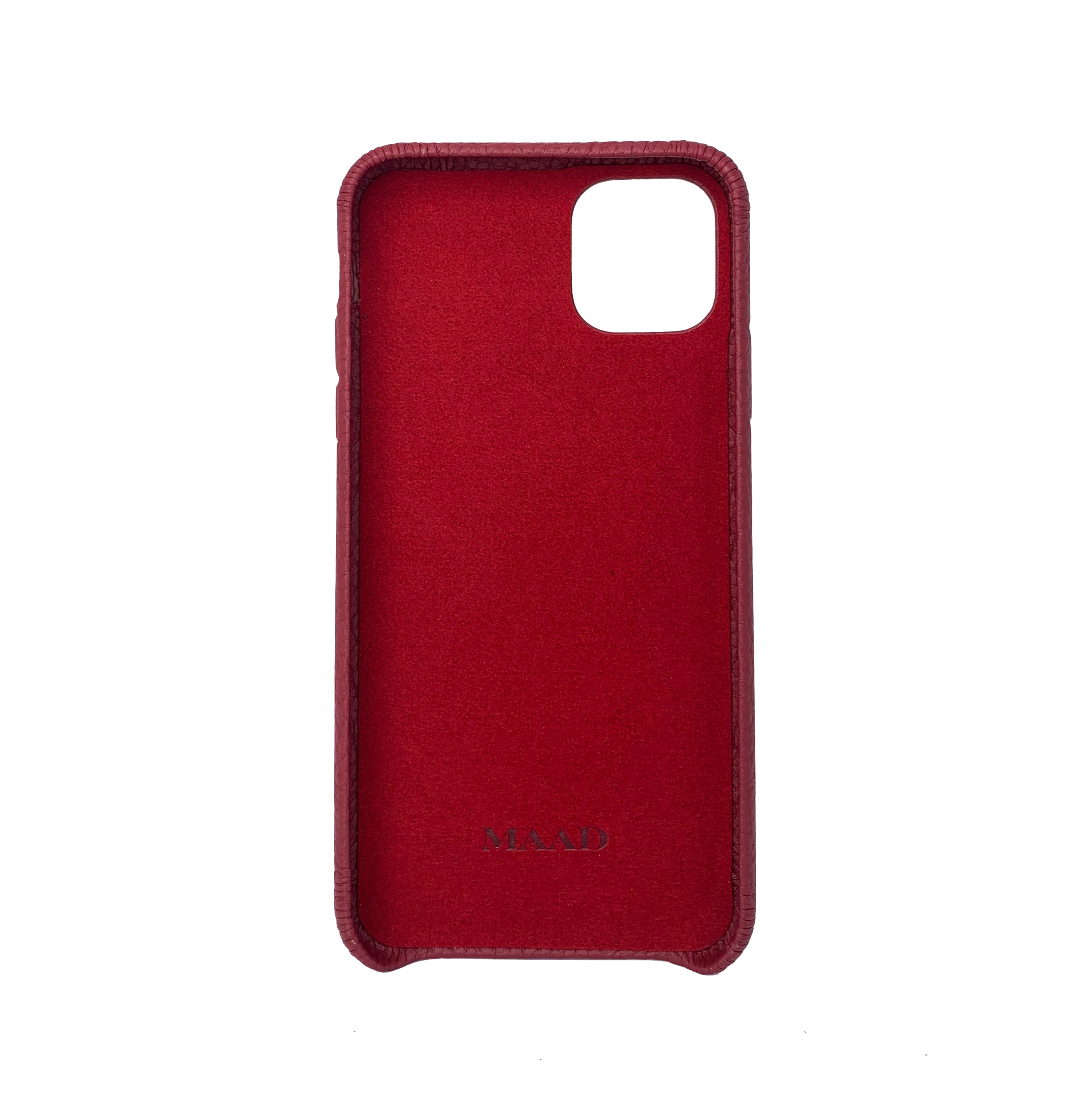MAAD LVR Red iPhone 11 Pro Max Case made of genuine pebble leather with an elastic strap, showcasing a stylish red and black design.