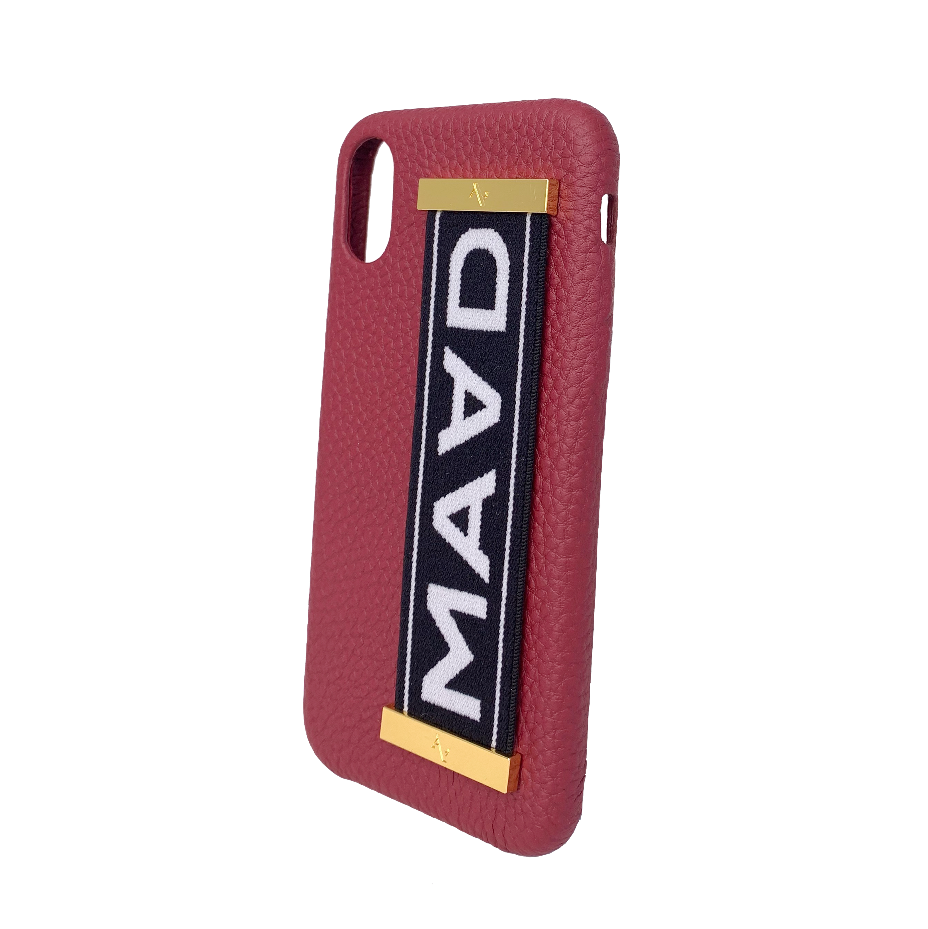 MAAD LVR Red iPhone X/XS Case made of genuine pebble leather with an elastic strap for secure carrying.