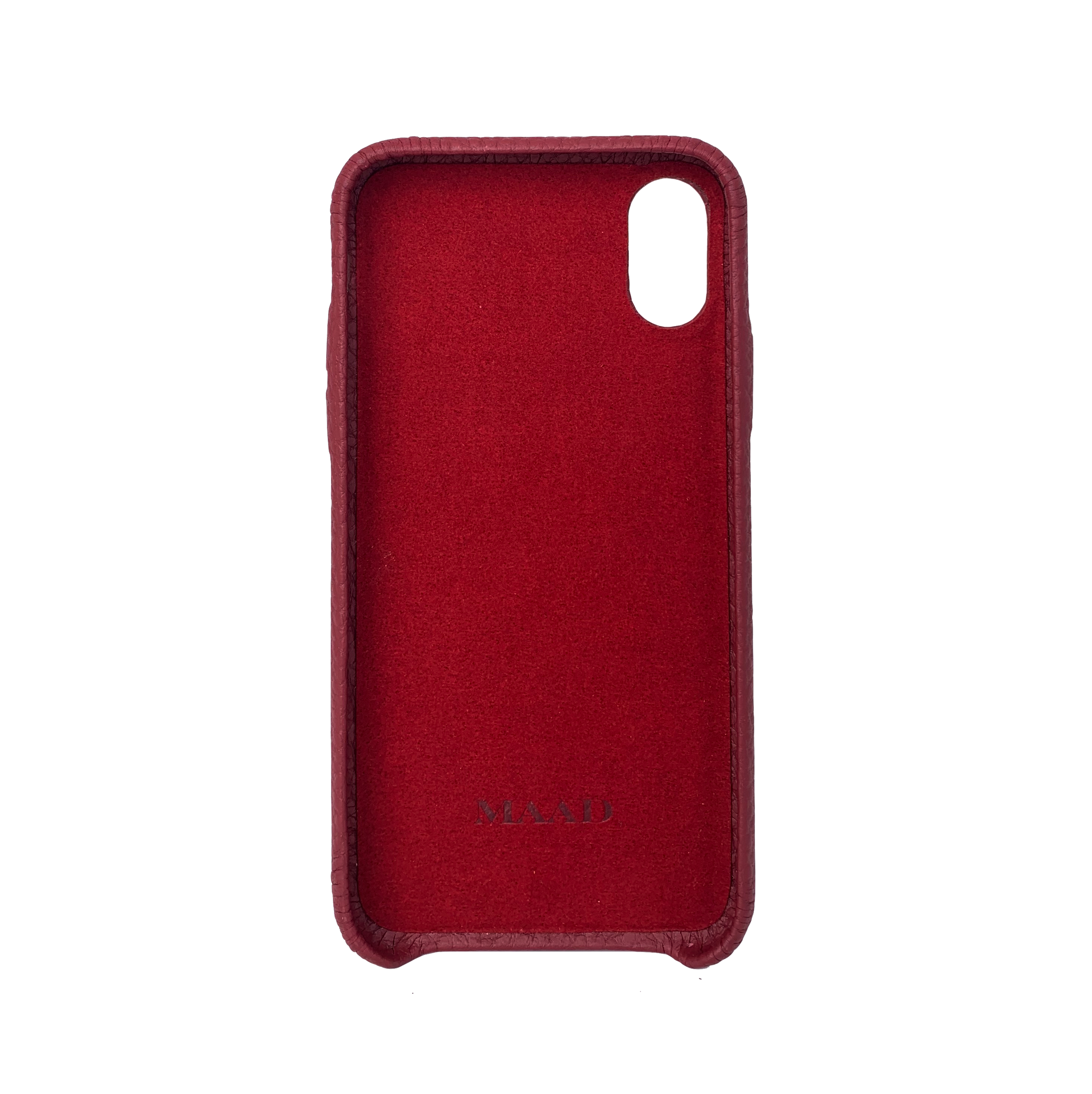MAAD LVR Red iPhone X/XS Case made of genuine pebble leather with an elastic strap for secure carrying.