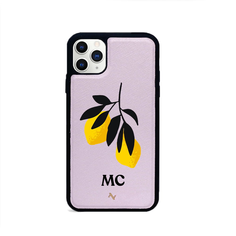 MAAD Pink Lemonade Blush iPhone 11 Pro Leather Case showcasing genuine saffiano leather with a soft rubber rim, personalized with monogram options.