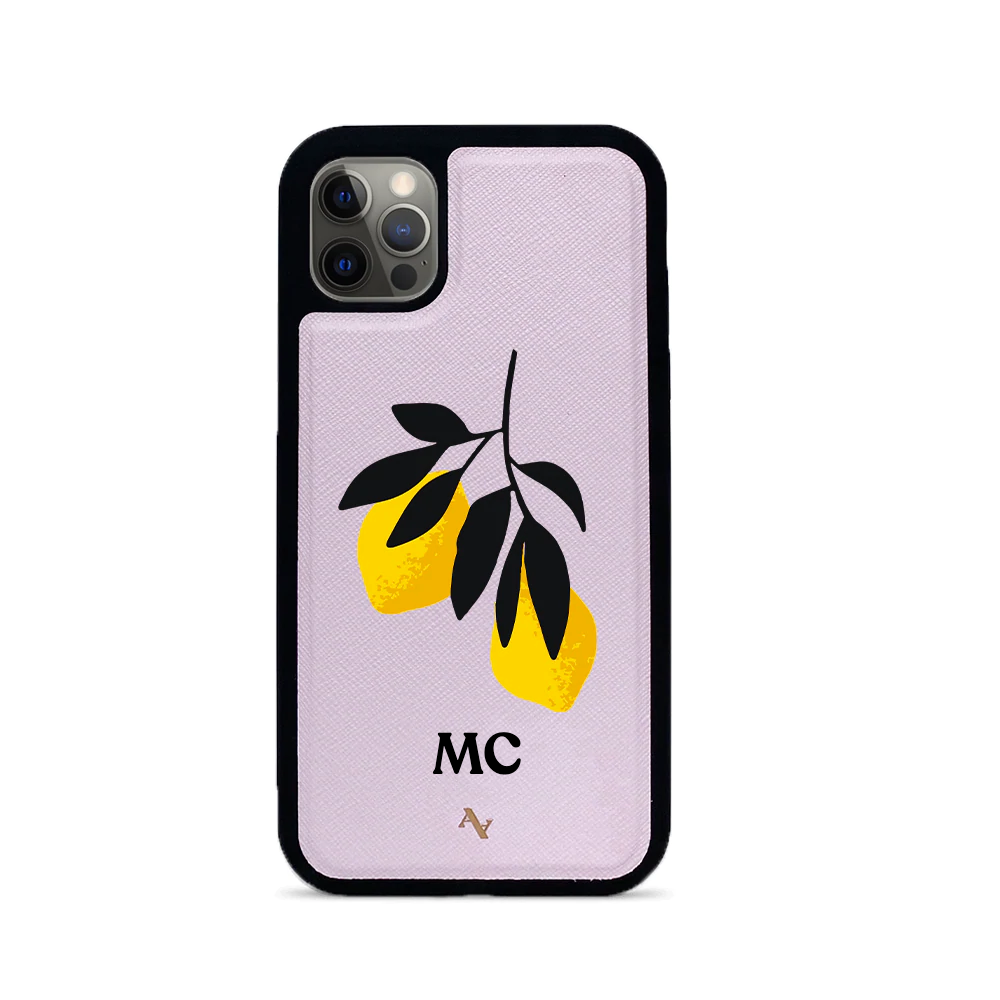 MAAD Pink Lemonade leather case for iPhone 12 Pro, featuring a soft rubber rim and customizable monogram options.