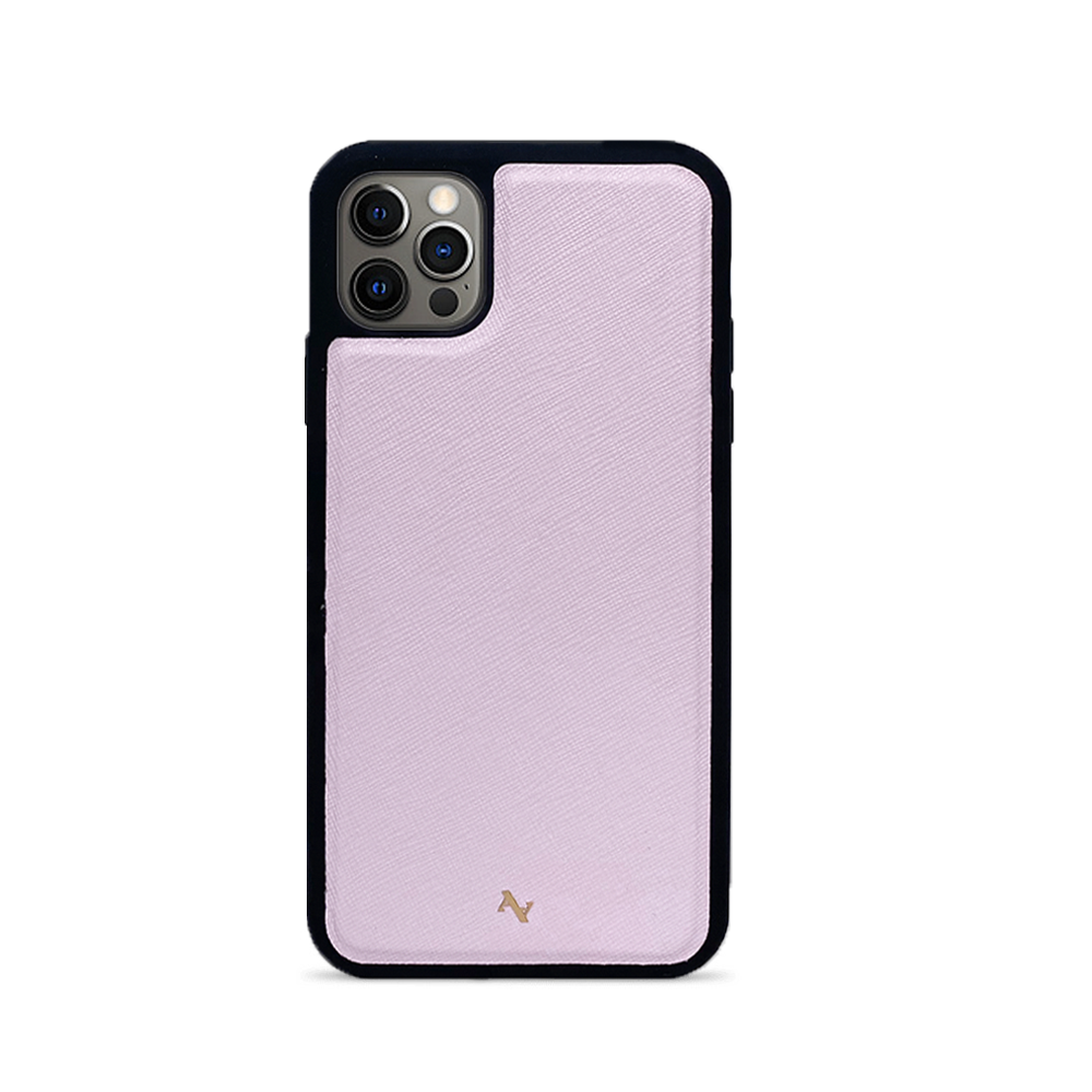 MAAD Pink Lemonade leather case for iPhone 12 Pro Max, featuring a blush pink color and a soft rubber rim for edge protection.