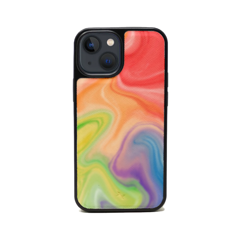 Colorful MAAD Pride iPhone 13 Mini case made of vegan saffiano leather with a soft rubber rim.