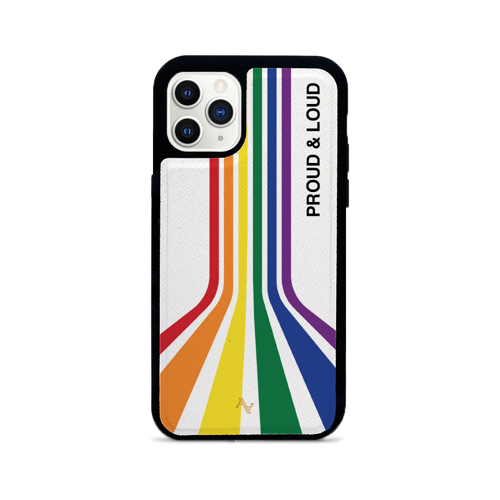 MAAD Pride iPhone 11 Pro case made of genuine saffiano leather with a soft rubber rim, showcasing personalization options.