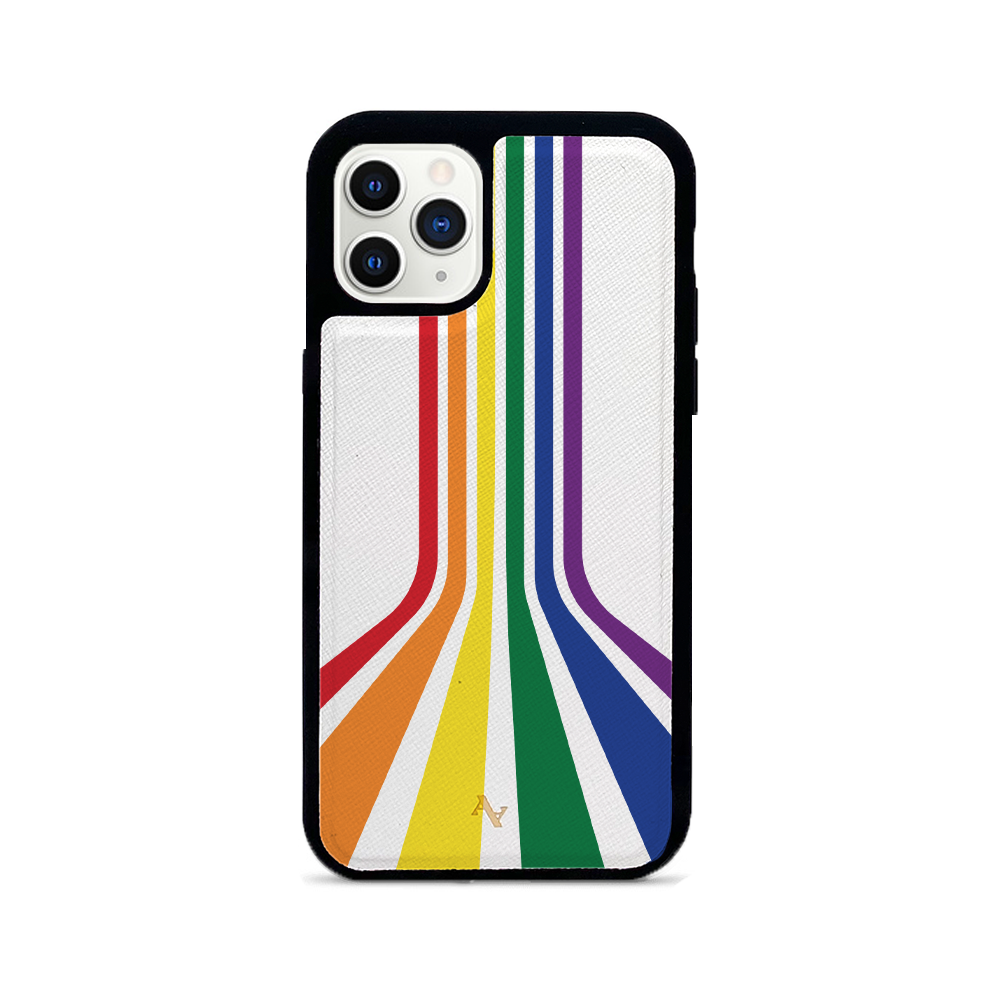 MAAD Pride iPhone 11 Pro case made of genuine saffiano leather with a soft rubber rim, showcasing personalization options.