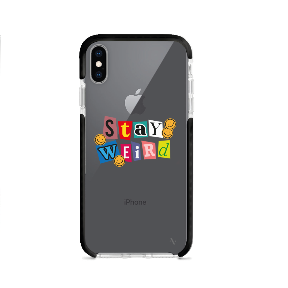 MAAD Stay Weird clear case for iPhone X/XS showcasing a unique design and slim profile.