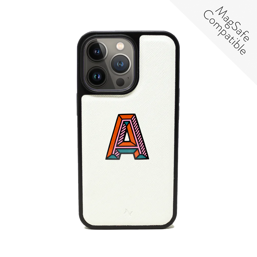 MAAD Stickers Alphabet for iPhone 13 Pro in white, showcasing customizable letters for personalization.