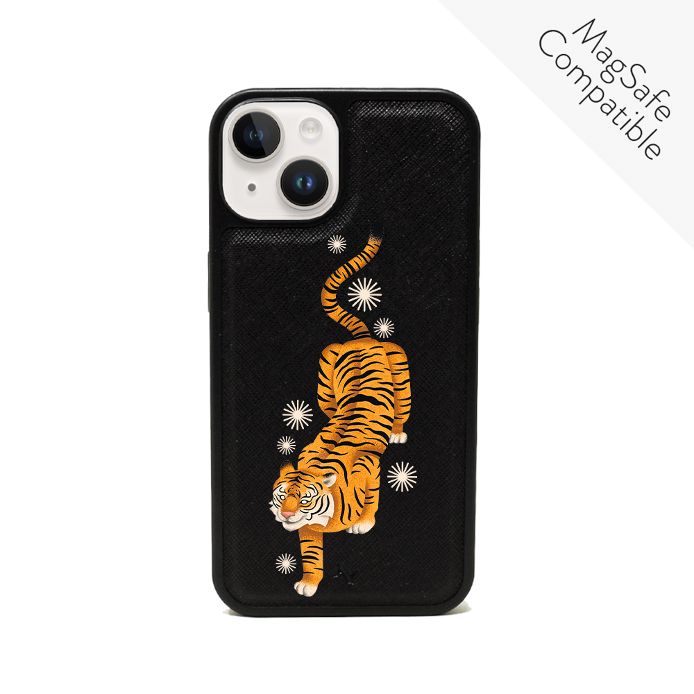 MAAD Tiger Black Leather Case for iPhone 14, featuring vegan saffiano leather and a soft rubber rim for protection.