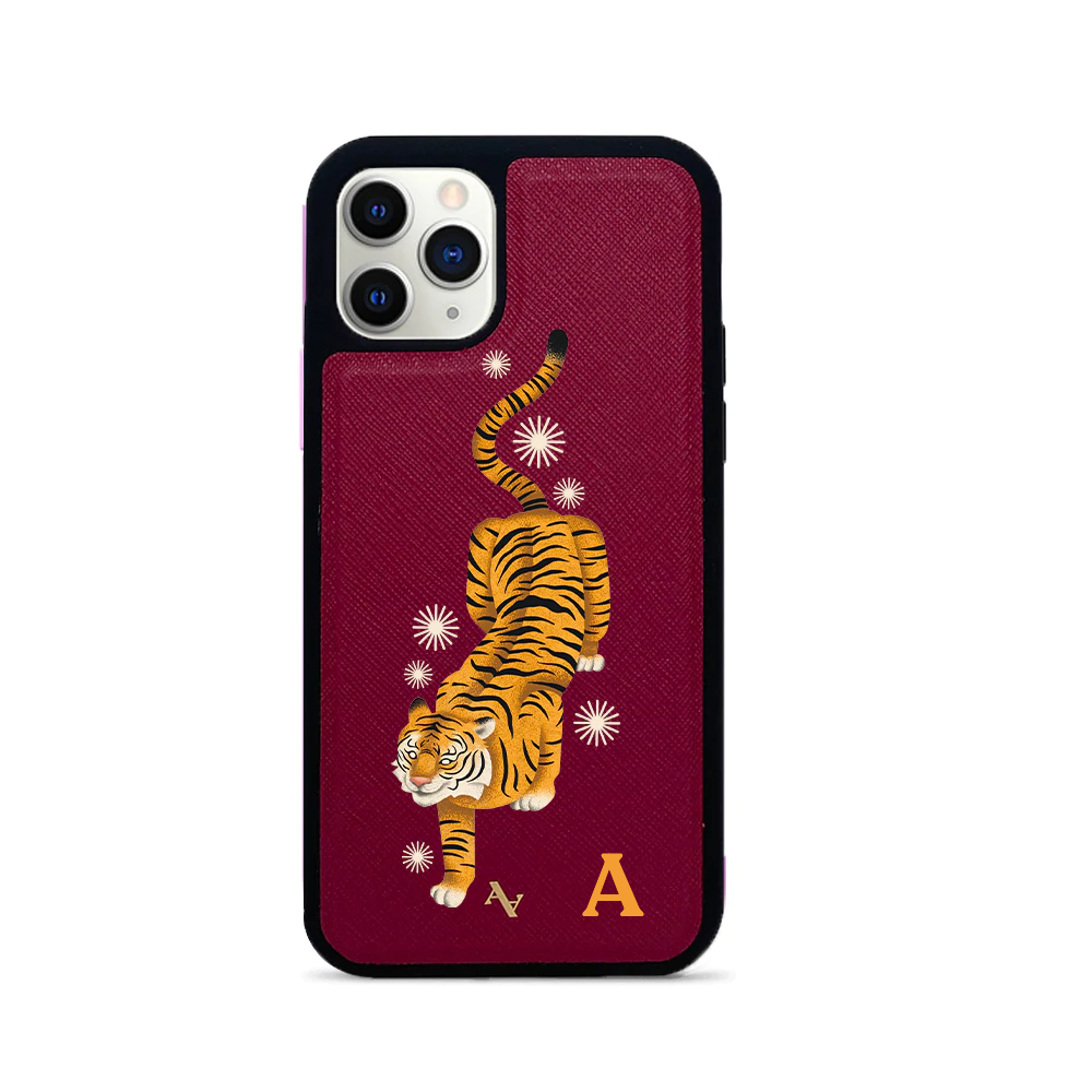MAAD Tiger Red Leather Case for iPhone 11 Pro, featuring saffiano leather and customizable monogram options.