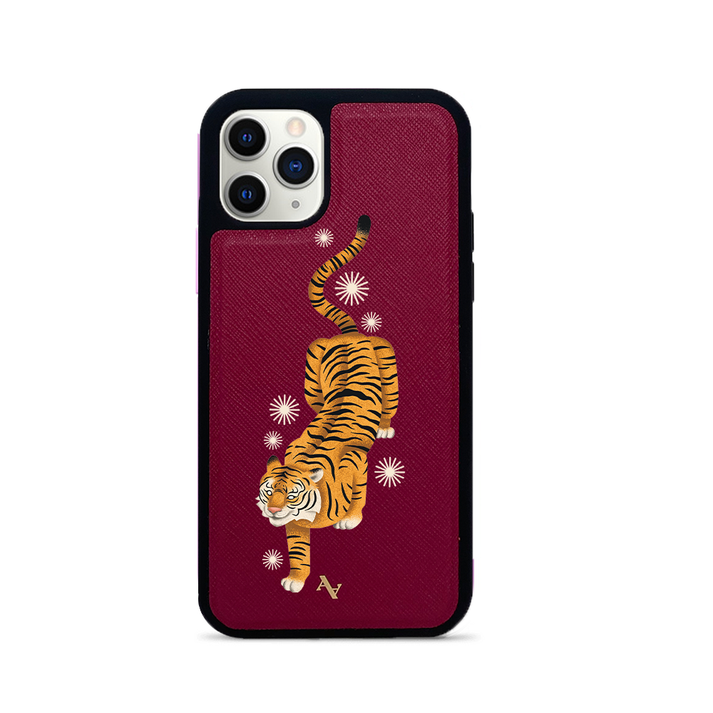 MAAD Tiger Red Leather Case for iPhone 11 Pro, featuring saffiano leather and customizable monogram options.