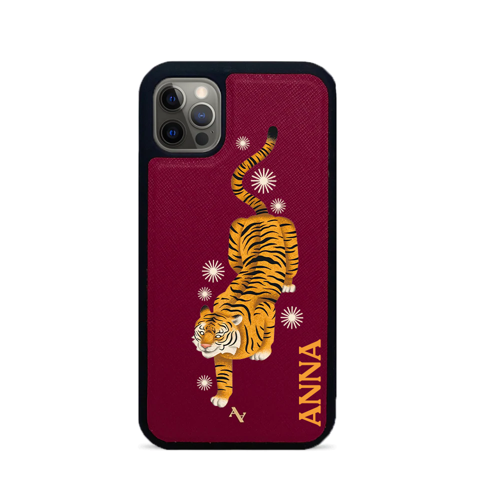 MAAD Tiger Red Leather Case for iPhone 12 Pro, showcasing saffiano leather and rubber rim.