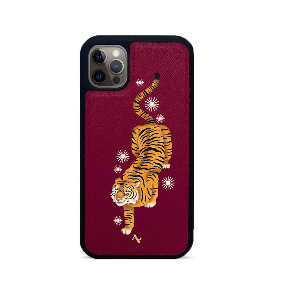 MAAD Tiger Red Leather Case for iPhone 12 Pro, showcasing saffiano leather and rubber rim.