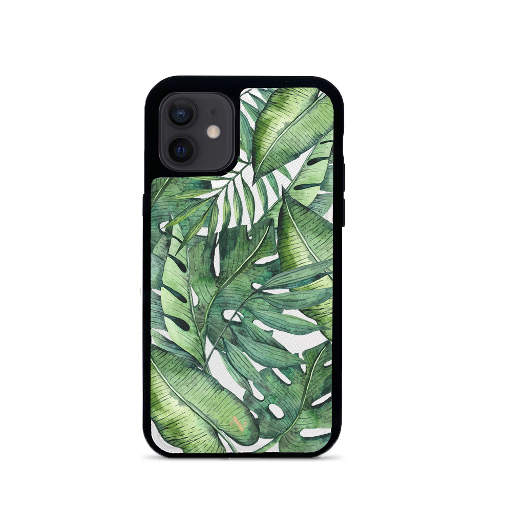 MAAD Tropical Plants Creta Leather Case for iPhone 12 Mini, featuring saffiano leather and customizable design options.