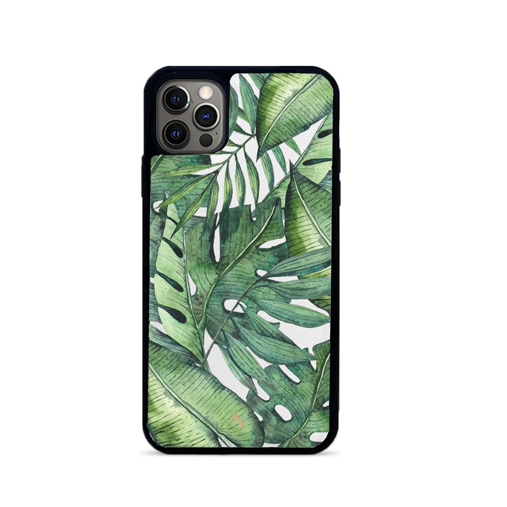 MAAD Tropical Plants Creta iPhone 12 Pro Max Leather Case in saffiano leather with rubber rim, showcasing personalization options.