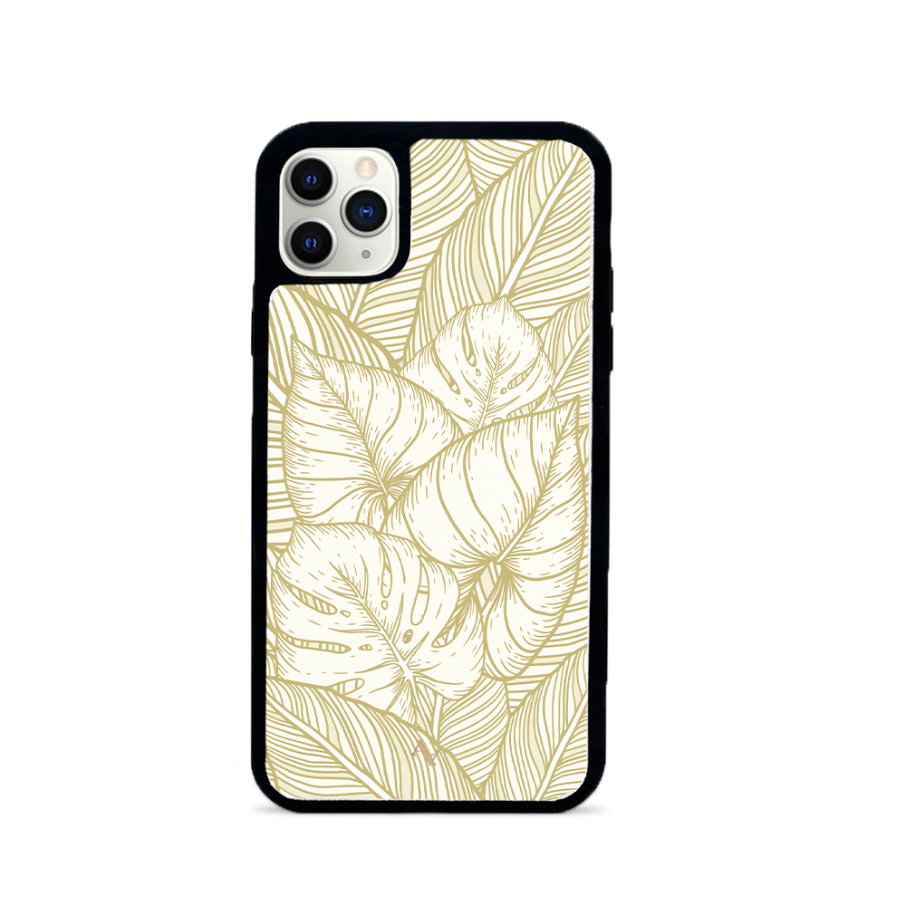 MAAD Tropical Plants iPhone 11 Pro Max Leather Case in genuine saffiano leather with a soft rubber rim, showcasing personalization options.