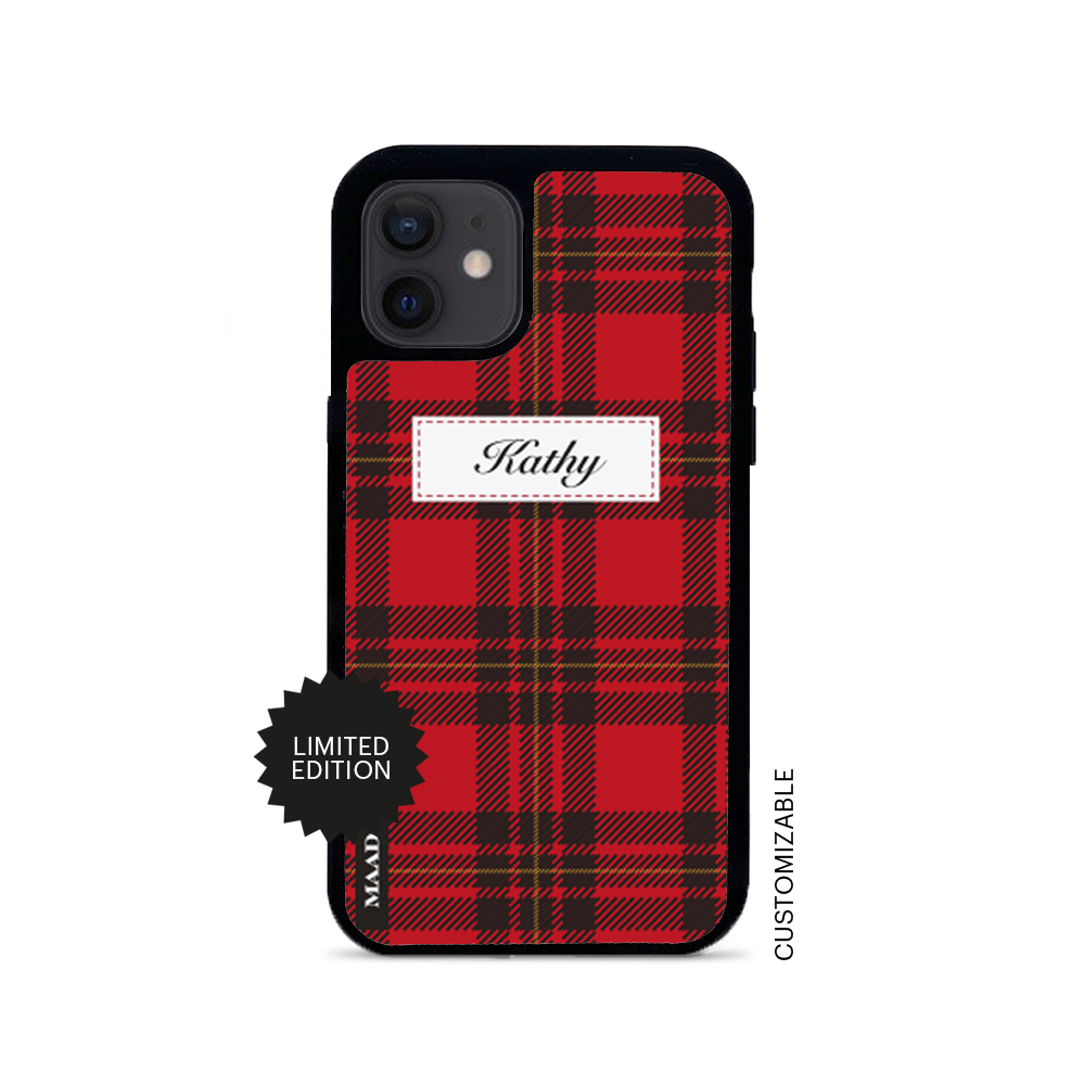 MAAD Winter iPhone 12 Mini Leather Case in saffiano leather with rubber rim, showcasing personalization options.