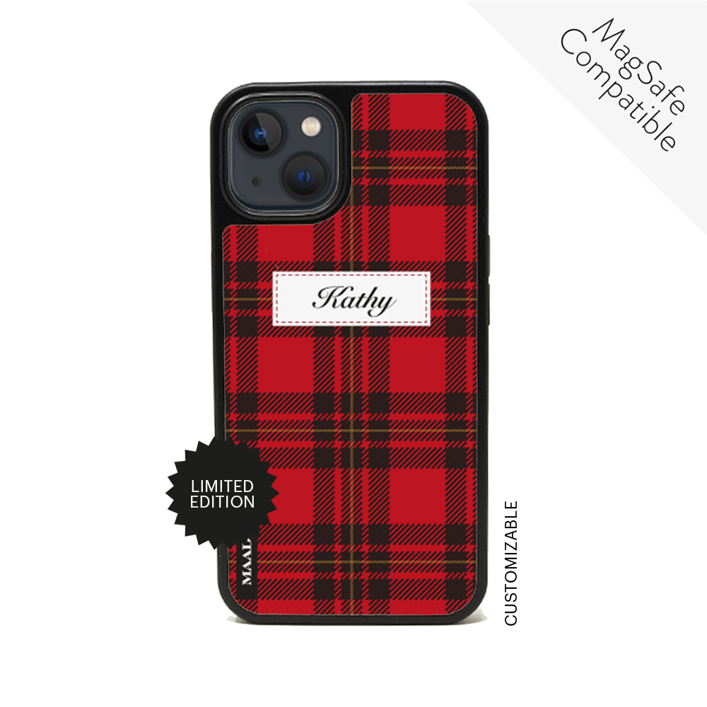 MAAD Winter Santa Tell Me iPhone 13 Leather Case in vegan saffiano leather with a soft rubber rim, showcasing personalization options.