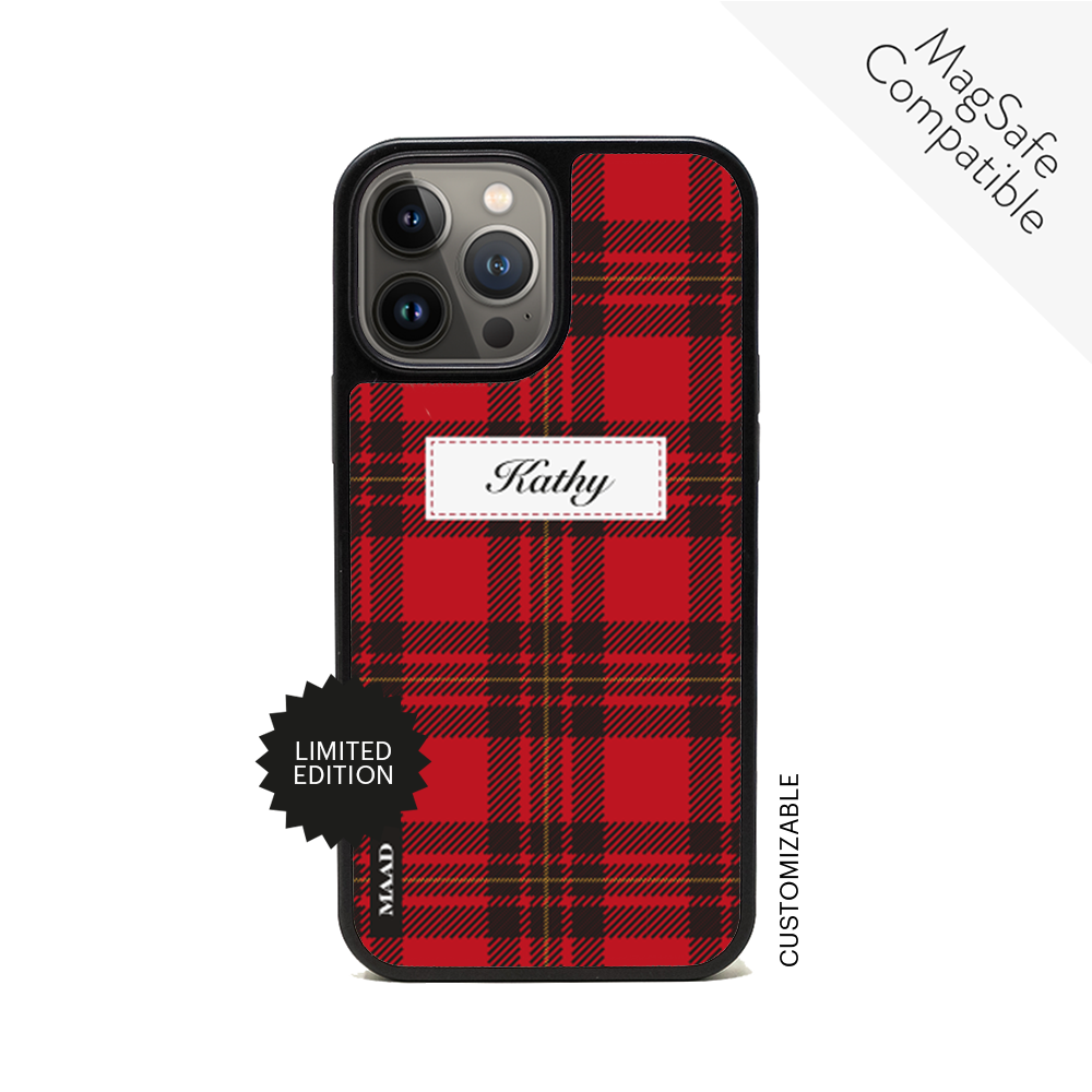 MAAD Winter Santa Tell Me iPhone 14 Pro Max Leather Case in vegan saffiano leather with rubber rim, showcasing personalization options.