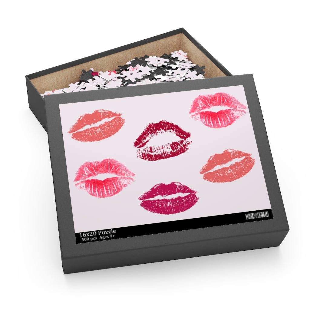 Many Kisses Jigsaw Puzzle featuring 500 high-quality chipboard pieces in a colorful design, packaged in a gift-ready box.