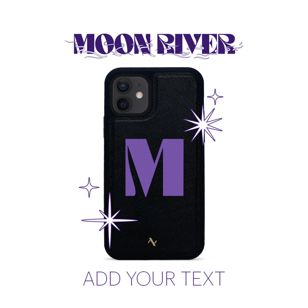 Moon River Black Leather Case for iPhone 12 Mini, featuring saffiano leather and rubber rim for protection.