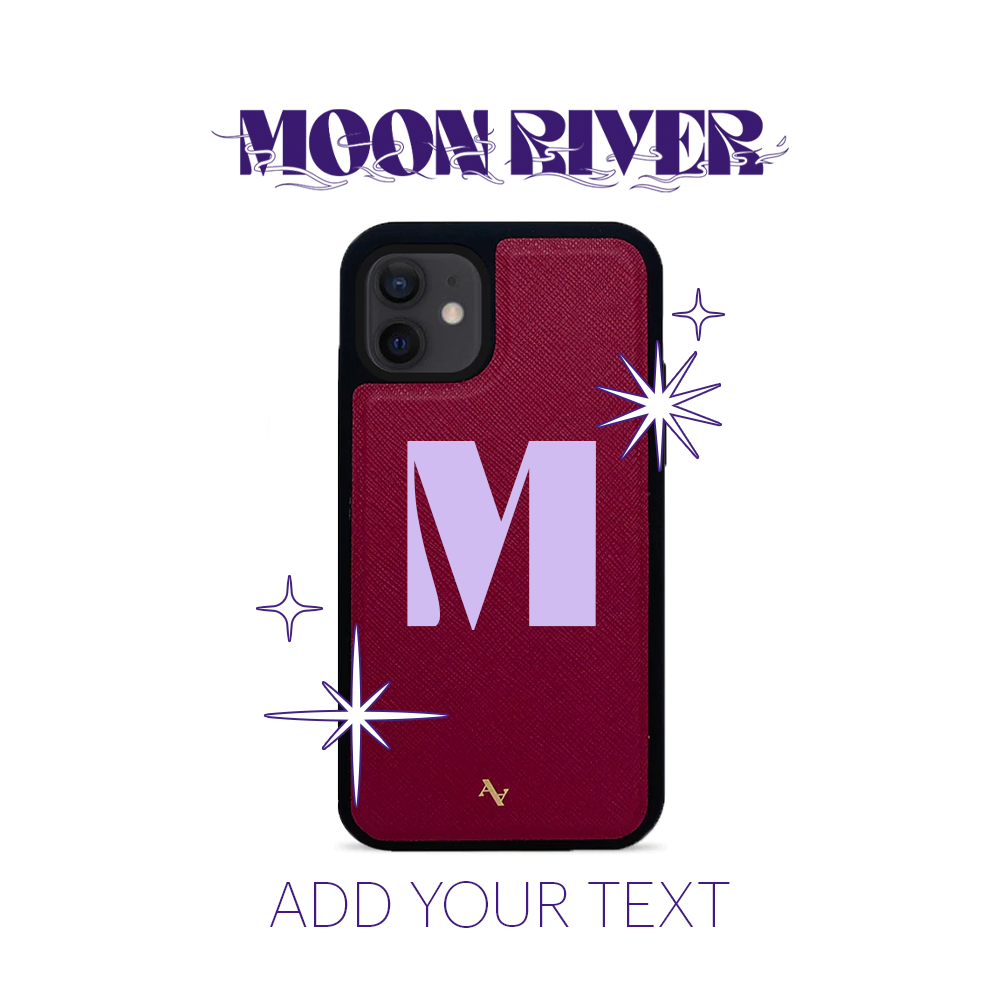 Moon River Red Leather Case for iPhone 12 Mini with soft rubber rim and customizable monogram options.