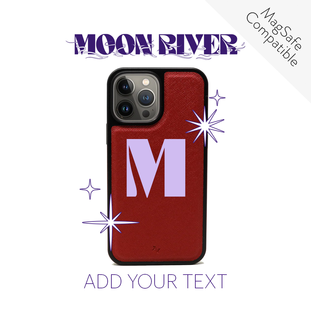 Moon River Red iPhone 13 Pro Max Leather Case showcasing vegan saffiano leather with a soft rubber rim and personalization options.