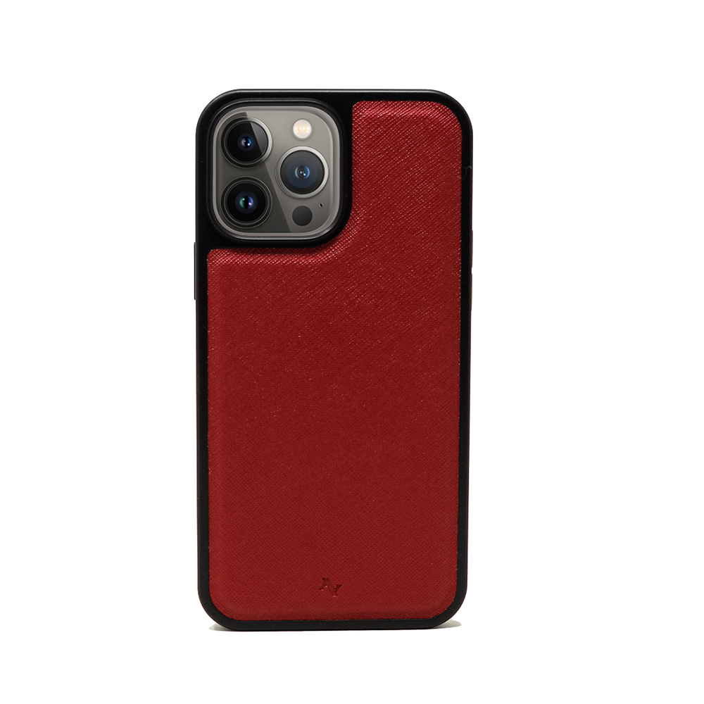 Moon River Red iPhone 13 Pro Max Leather Case showcasing vegan saffiano leather with a soft rubber rim and personalization options.