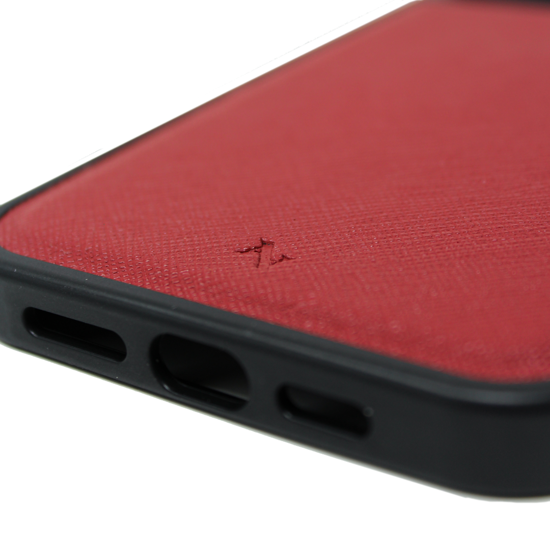 Moon River Red iPhone 13 Pro Max Leather Case showcasing vegan saffiano leather with a soft rubber rim and personalization options.