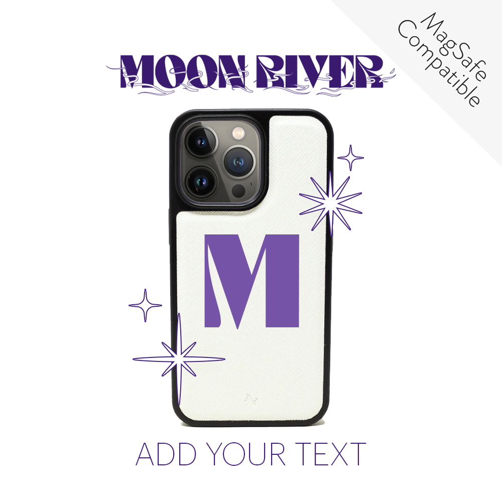 Moon River White iPhone 13 Pro Leather Case made from vegan saffiano leather with a soft rubber rim, showcasing personalization options.