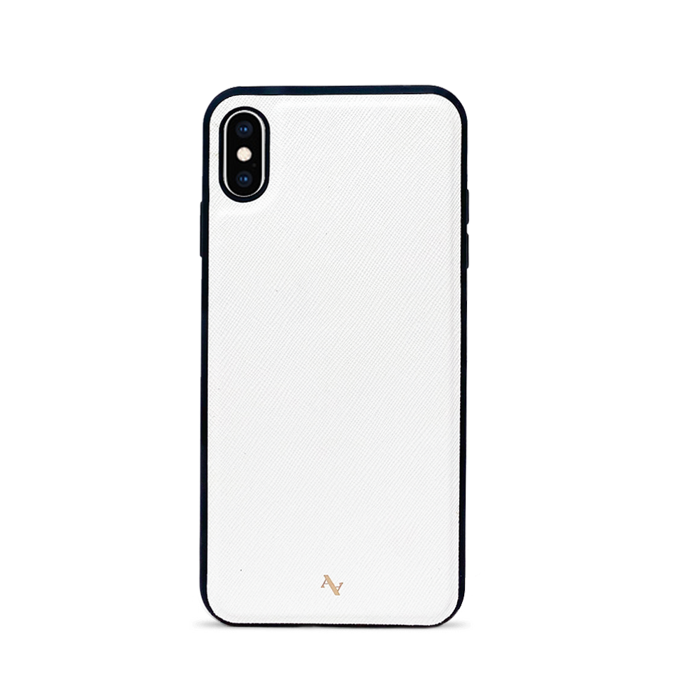 Moon River White iPhone XS MAX Leather Case featuring saffiano leather and soft rubber rim for protection.