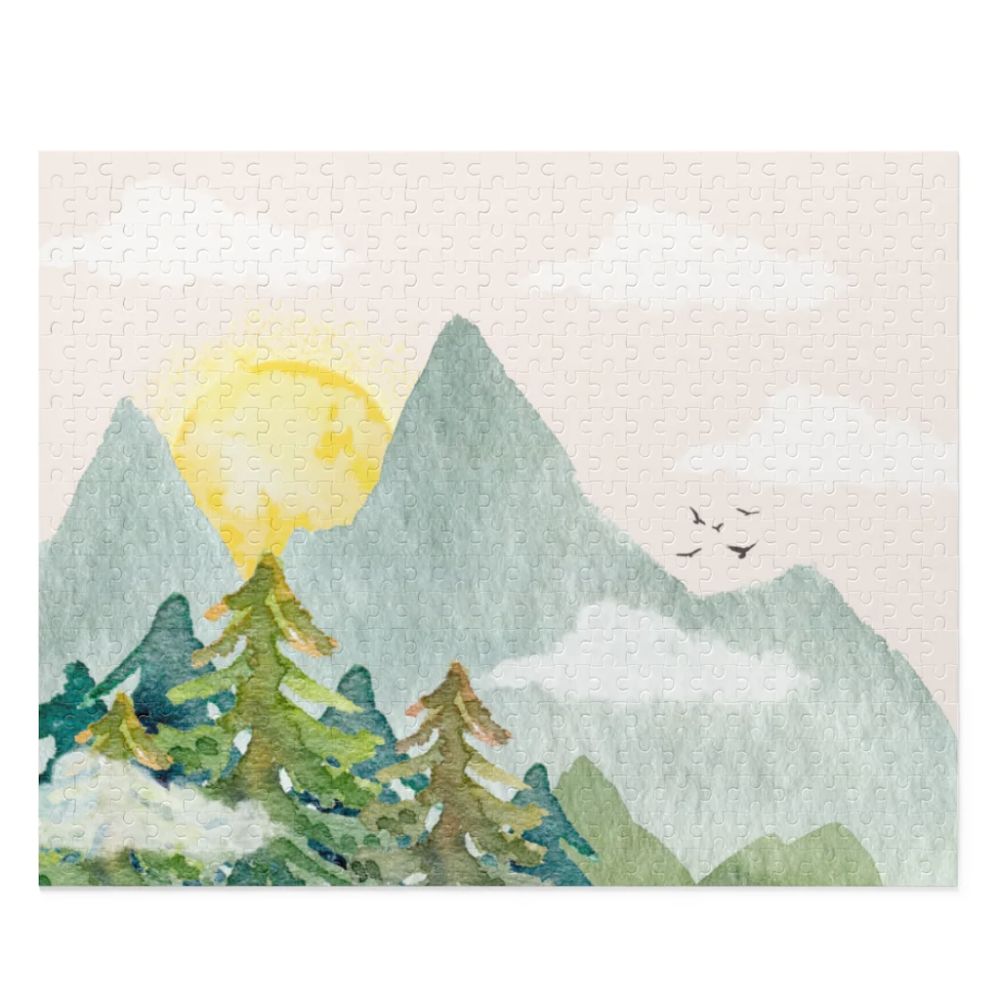 Mountain View with Sun Jigsaw Puzzle featuring 500 high-quality chipboard pieces in a gift-ready box.