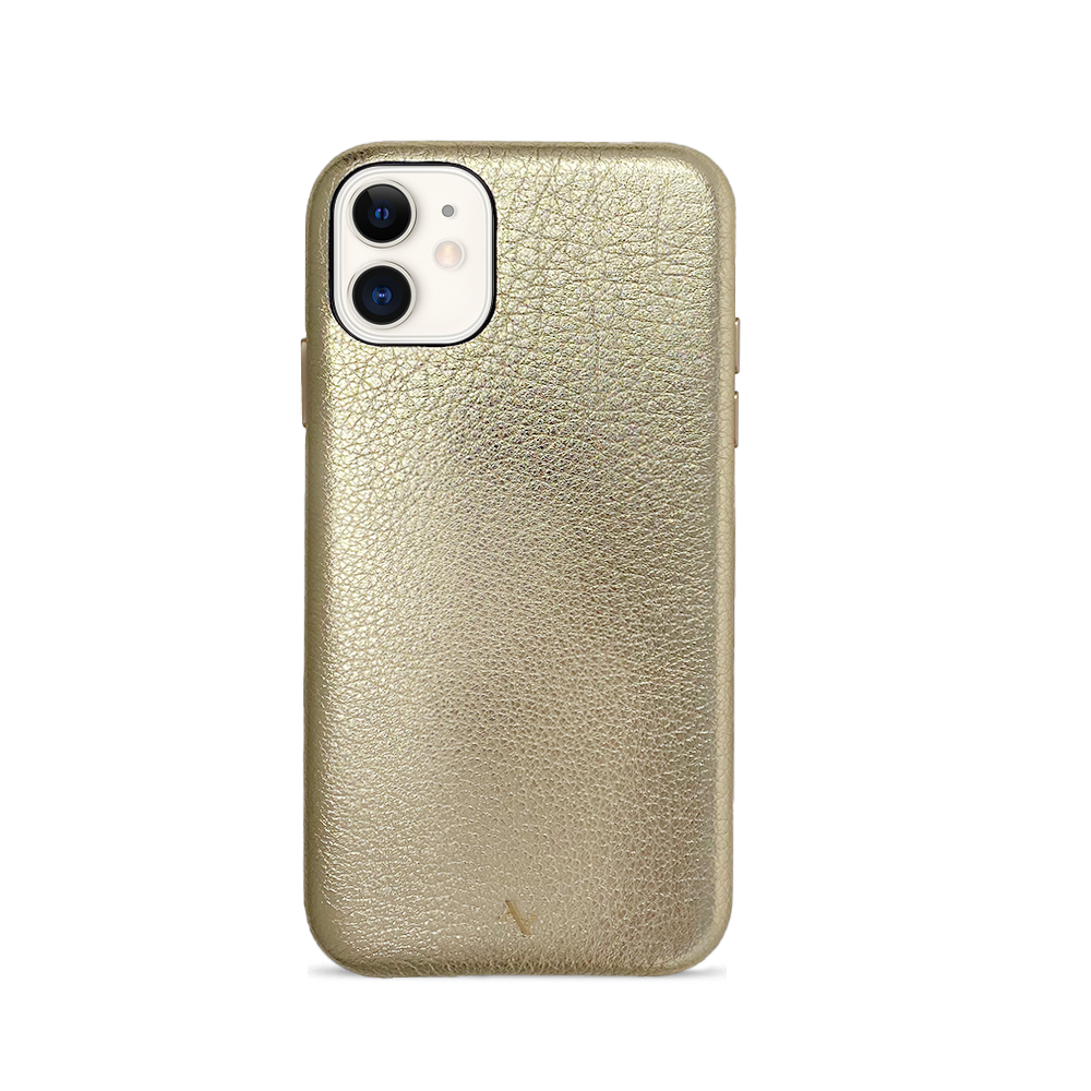 Gold Metallic Pebble Leather Case for iPhone 11, showcasing its luxurious texture and slim design.