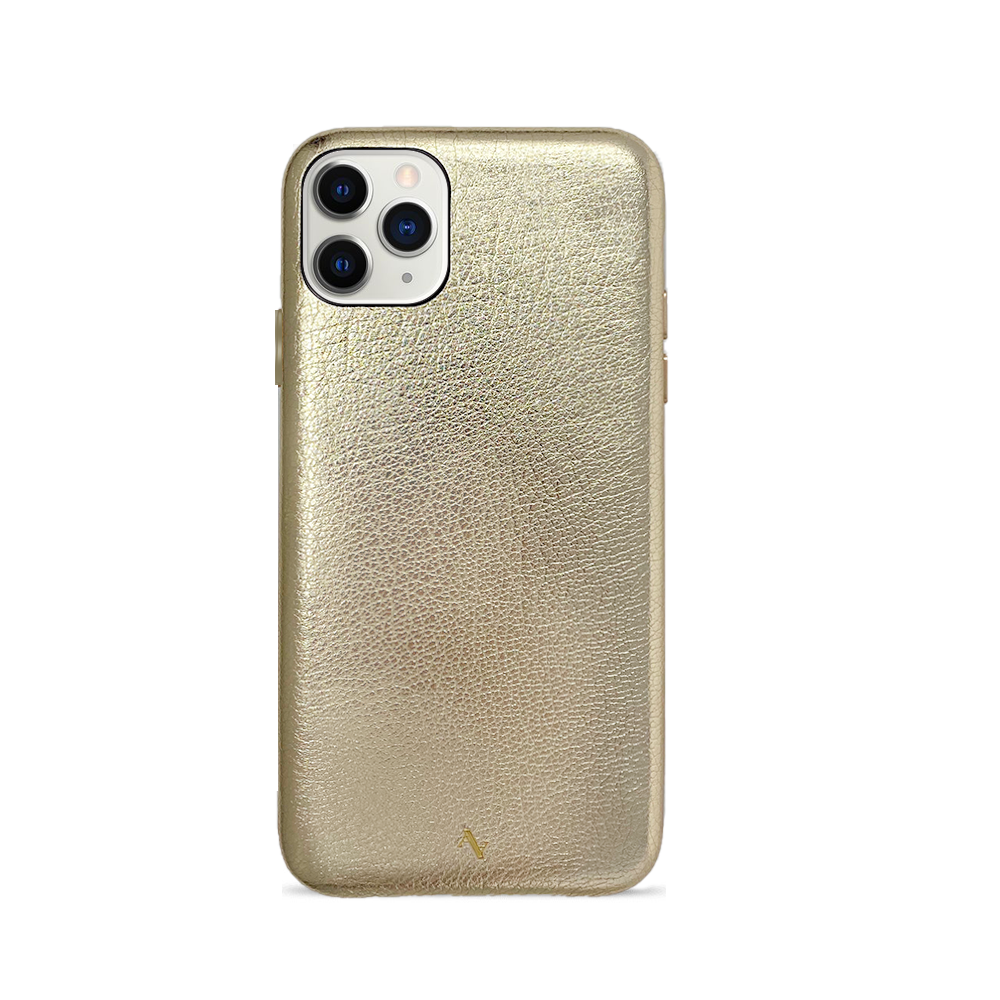 Gold Metallic Pebble Leather Case for iPhone 11 Pro Max, showcasing its sleek design and luxurious texture.