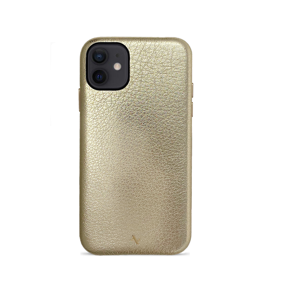 Gold Metallic Pebble Leather iPhone 12 Case showcasing its sleek design and premium material.