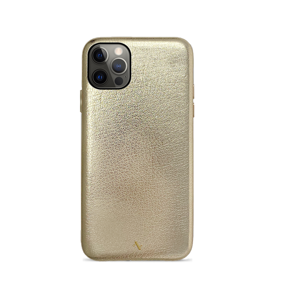 Gold Metallic Pebble Leather iPhone 12 Pro Case showcasing its sleek design and luxurious texture.
