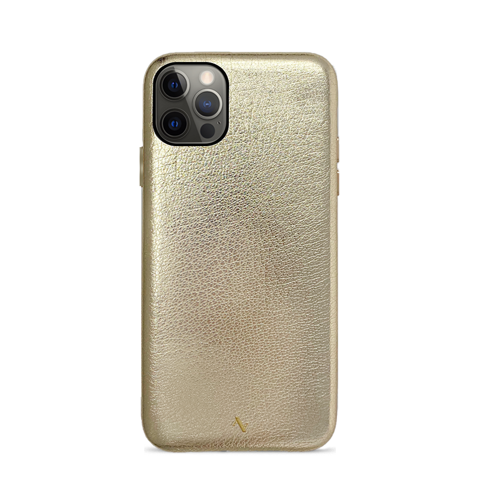 Gold Metallic Pebble leather case for iPhone 12 Pro Max, showcasing its sleek design and luxurious texture.