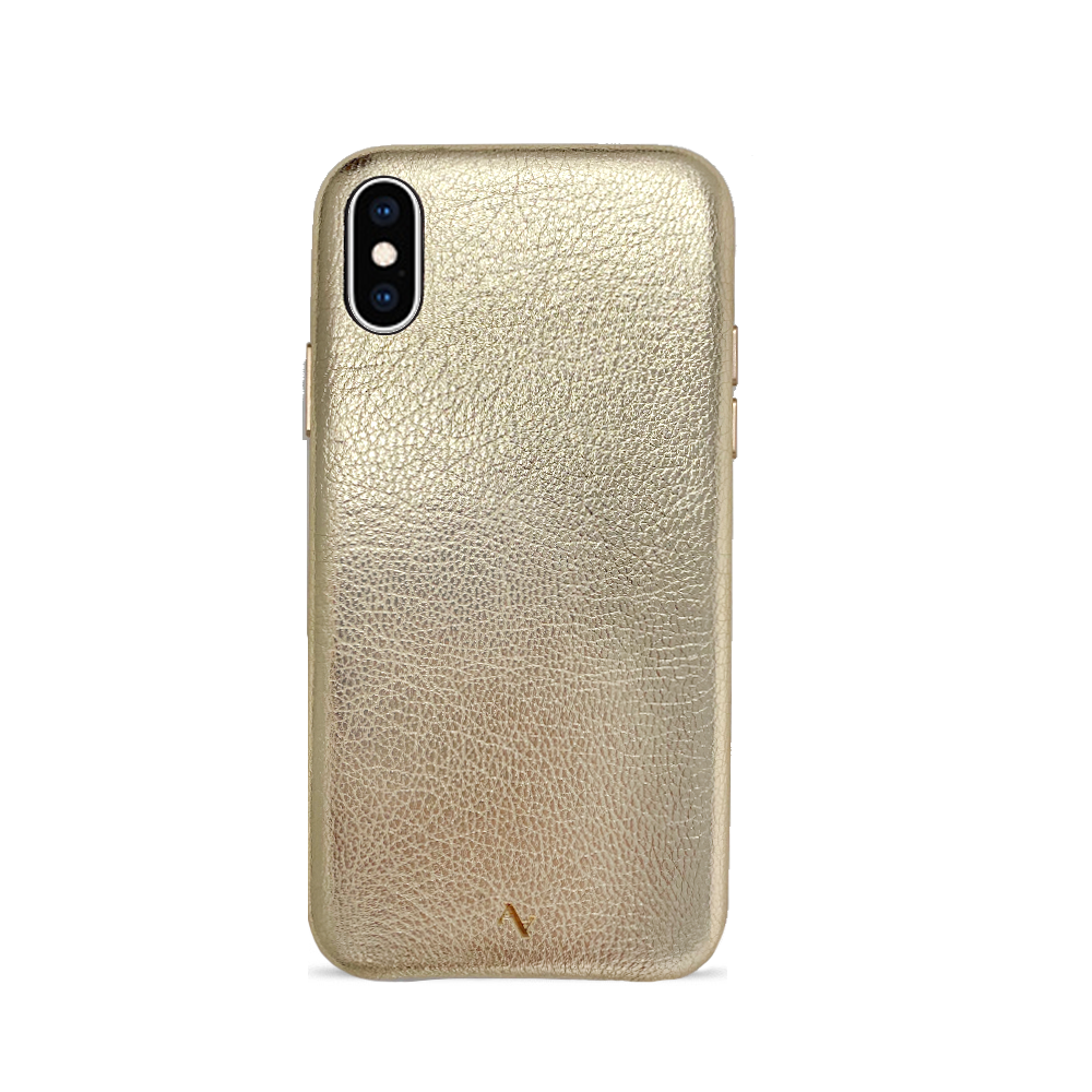 Gold Metallic Pebble Leather Case for iPhone X/XS, showcasing its sleek design and luxurious texture.
