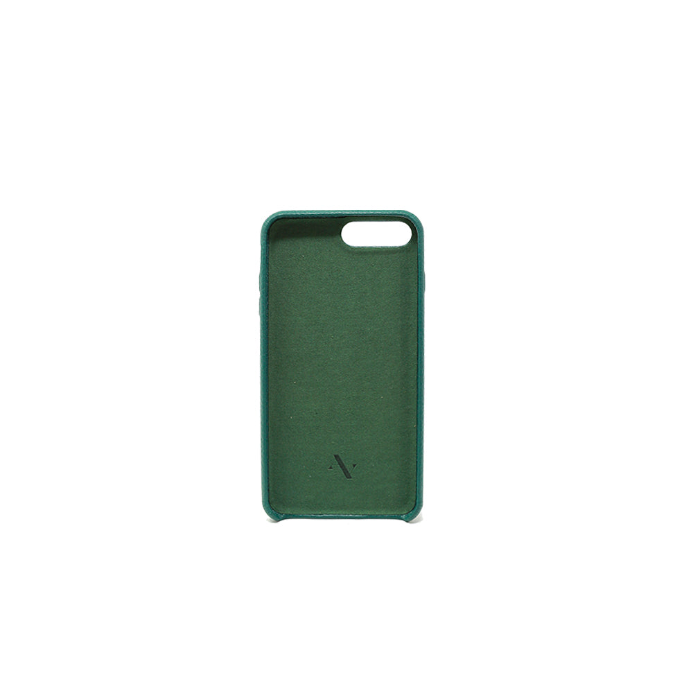 Moss green pebble leather case for iPhone 7/8 Plus, featuring a minimalist design and personalized monogram options.