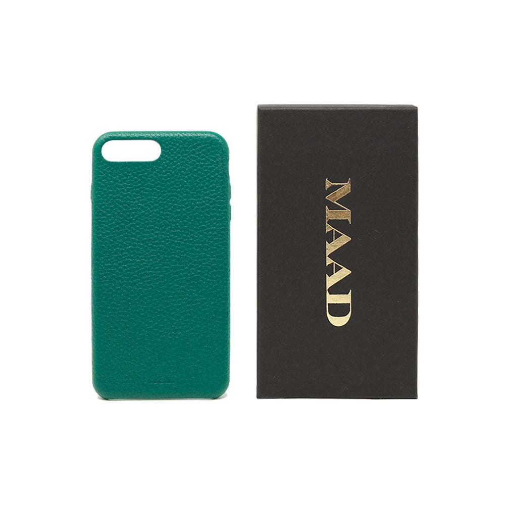 Moss green pebble leather case for iPhone 7/8 Plus, featuring a minimalist design and personalized monogram options.