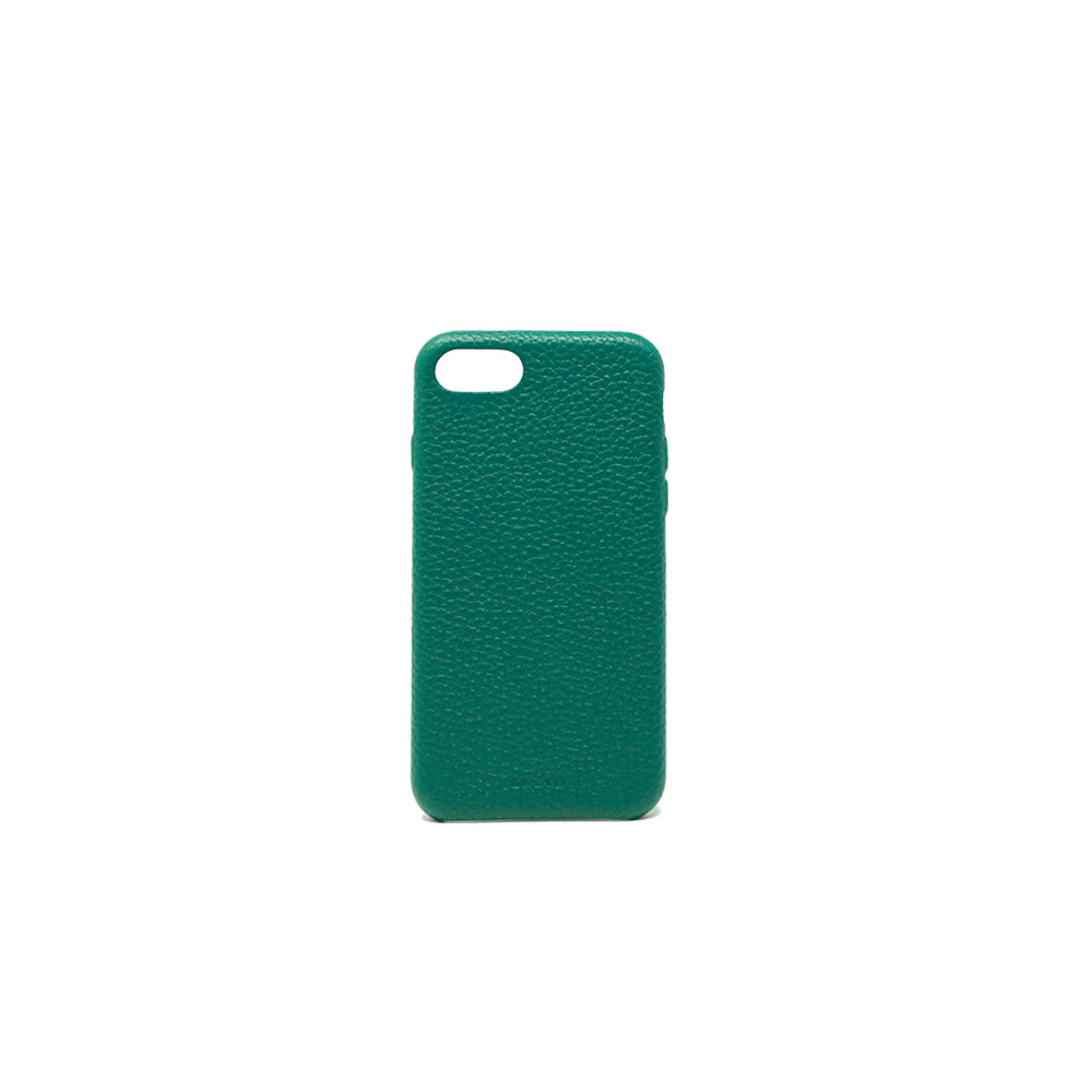 Moss green pebble leather case for iPhone 7/8/SE, showcasing a minimalist design and luxurious texture.