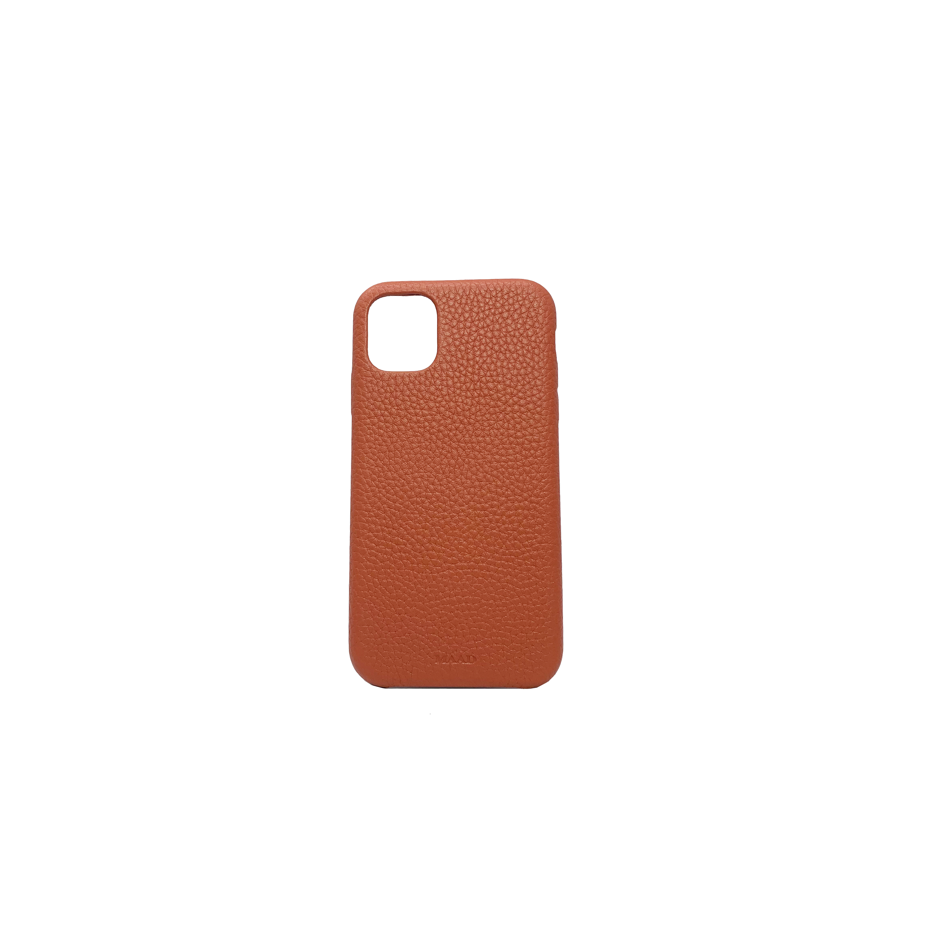 Stylish terracotta pebble leather iPhone 11 case with personalization options, showcasing earthy tones and minimalist design.
