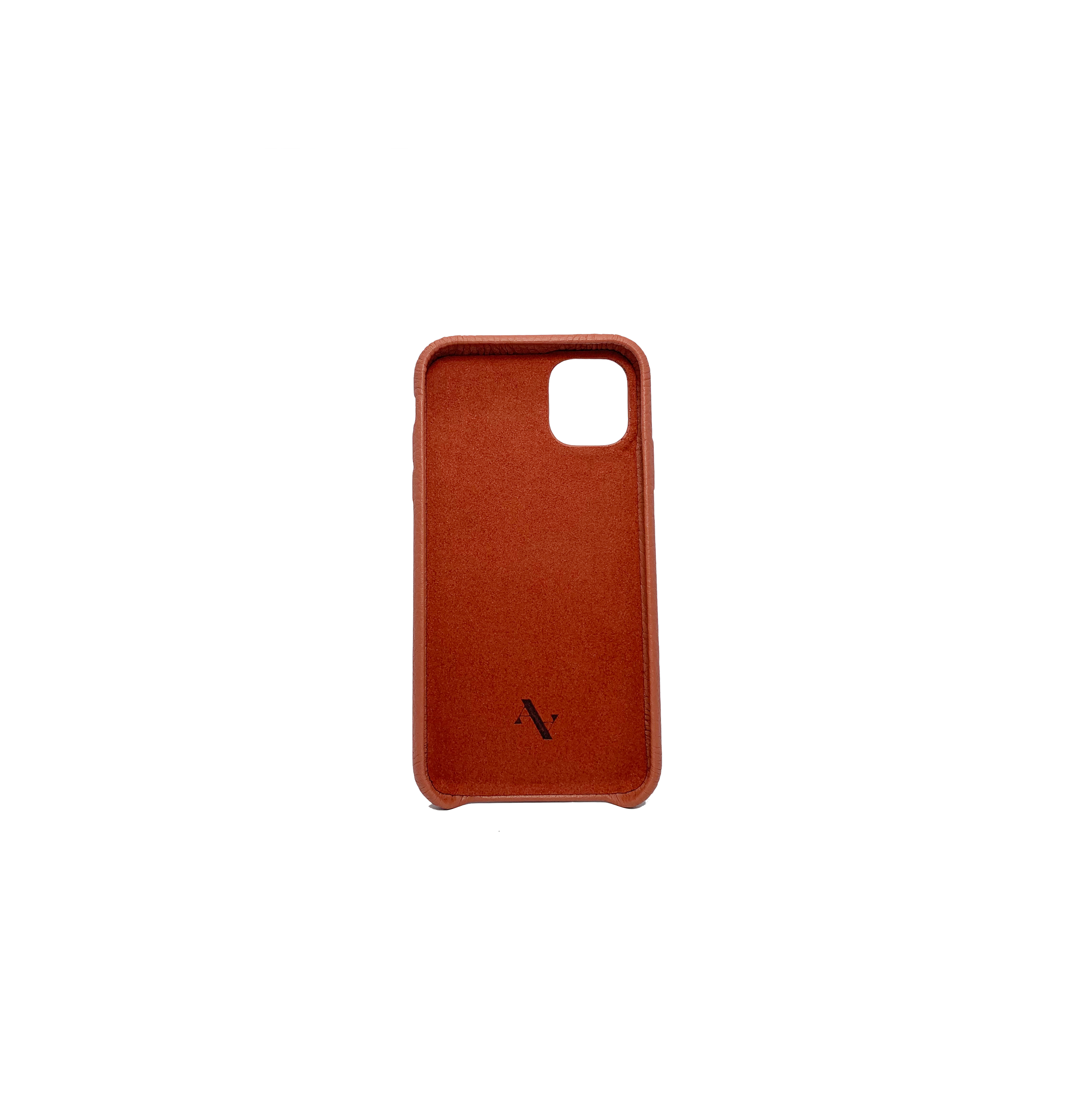 Stylish terracotta pebble leather iPhone 11 case with personalization options, showcasing earthy tones and minimalist design.