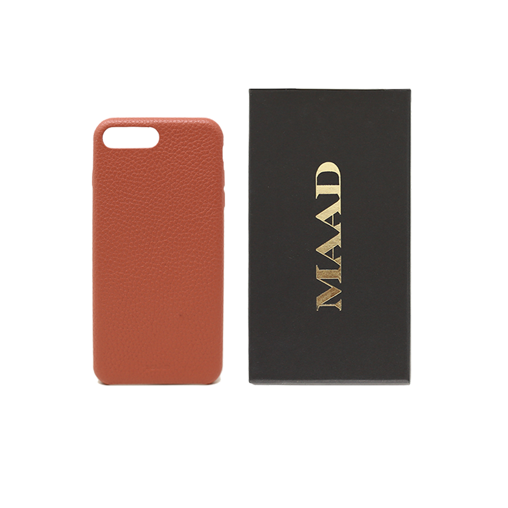 Terracotta iPhone 7/8 Plus case made from genuine pebble leather, featuring a slim design and earthy tones.