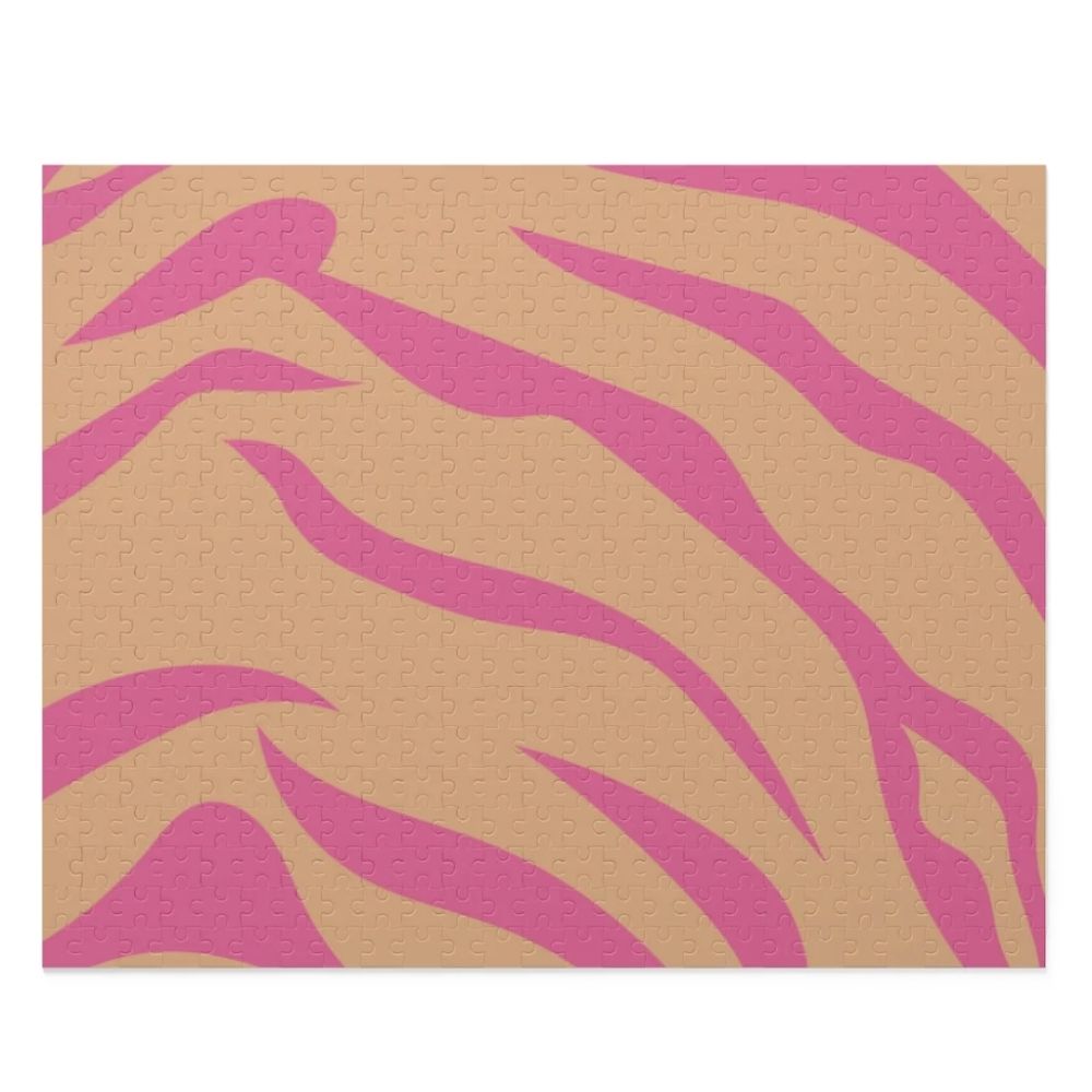 A vibrant 500-piece jigsaw puzzle featuring pink leopard stripes, showcasing high-quality chipboard pieces in a gift-ready box.